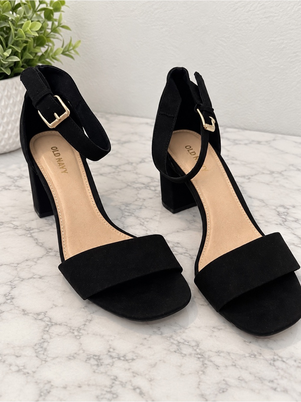 Old Navy Black Suede Block Heel Ankle-Strap Sandals